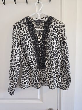 The Limited Black & White Floral Lace-Trim Peplum Blouse